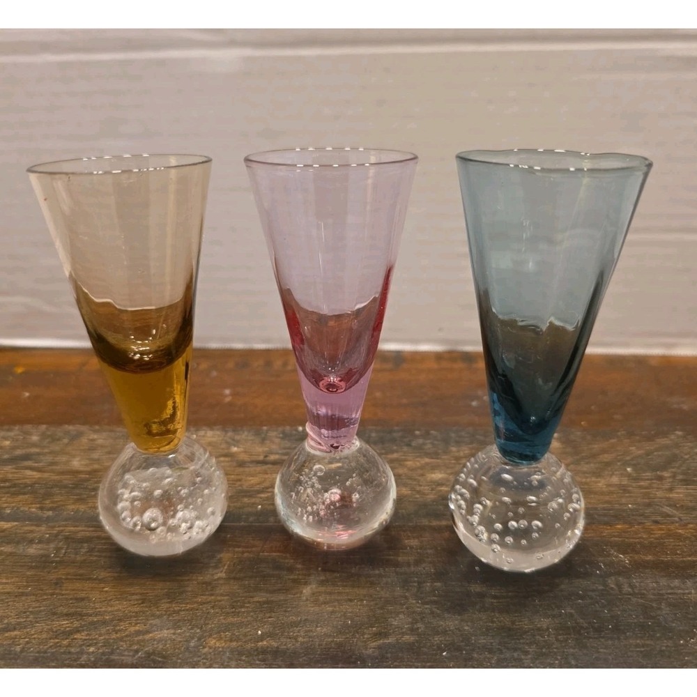 Vintage Hand Blown Cordial Shot Glasses Controlled Bubble Base Set of 3 Pastel